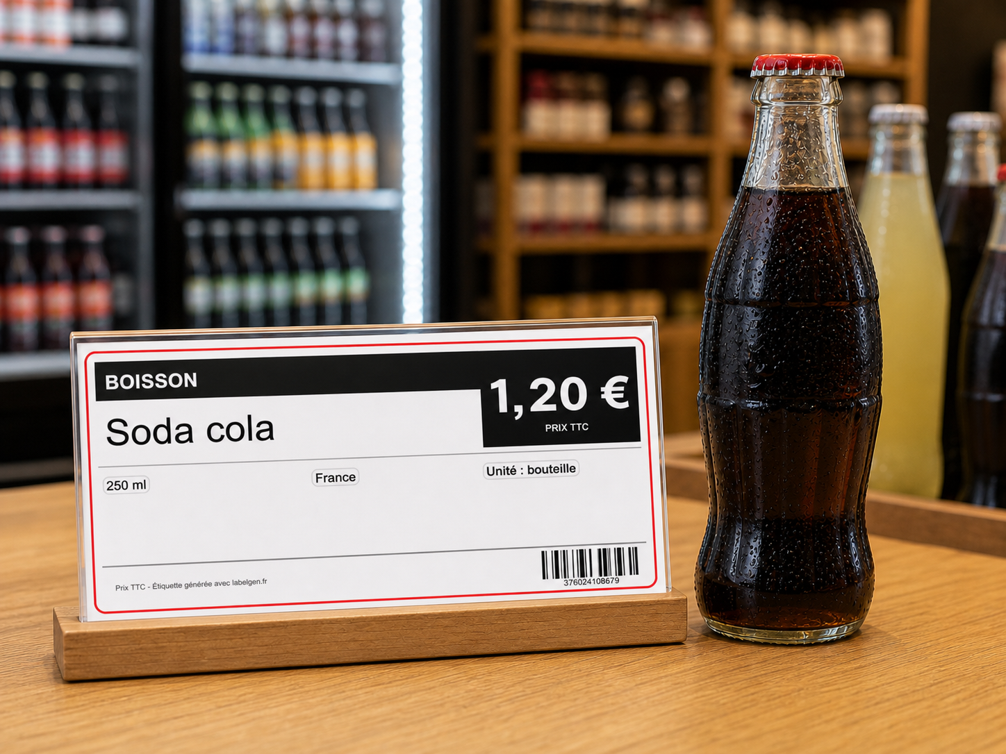 Bouteille de soda et étiquette alimentaire LabelGen en rayon