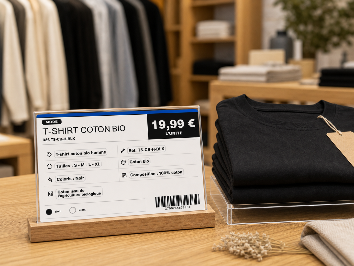 T-shirt coton bio et étiquette LabelGen en boutique